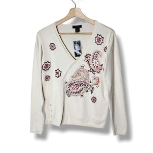 NWT Peck & Peck Beaded Paisley Silk-Blend Wrap Sweater | L | Ivory